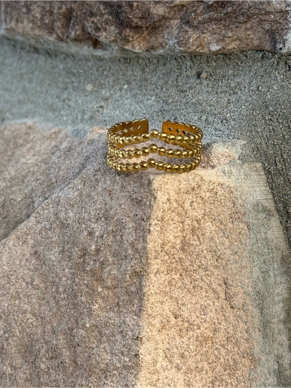 Adjustable Gold Beaded Triple-Row Open Band Ring one size